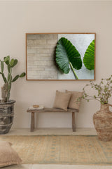 a minimalistic bali poster with 2 green leaves in front of a concrete wall