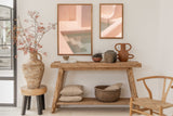 bali wall art in soft colours. minimalistic pool curves and stairs