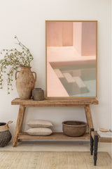 pink coloured bali poster of minimalistic pool stairs in a private bali villa