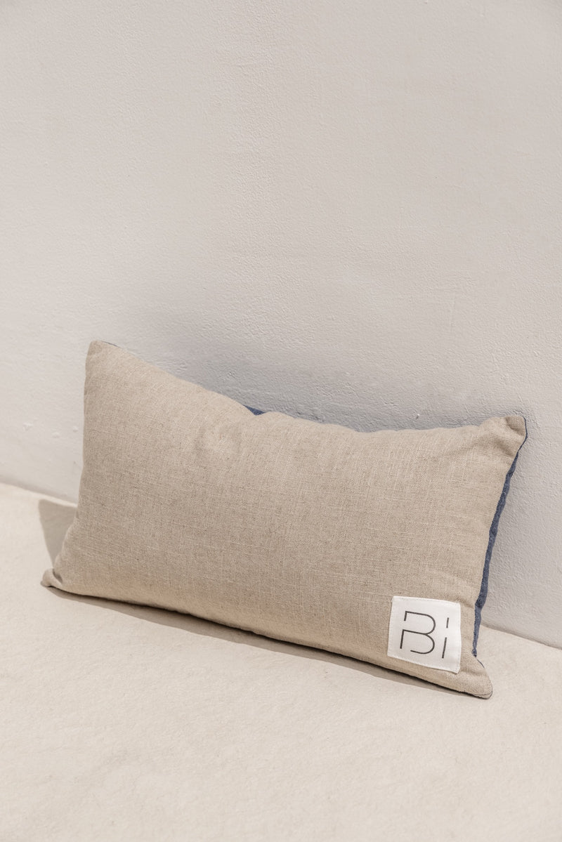 back of the bespoke cushion cover biru, beige linen cushion