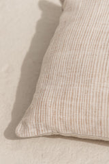 detail of the hand made cushion cover bumi satu. thin beige stripes. 