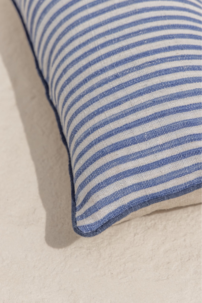 detail of bespoke cushion cover dunia, handmade in bali  with thick blue stripes