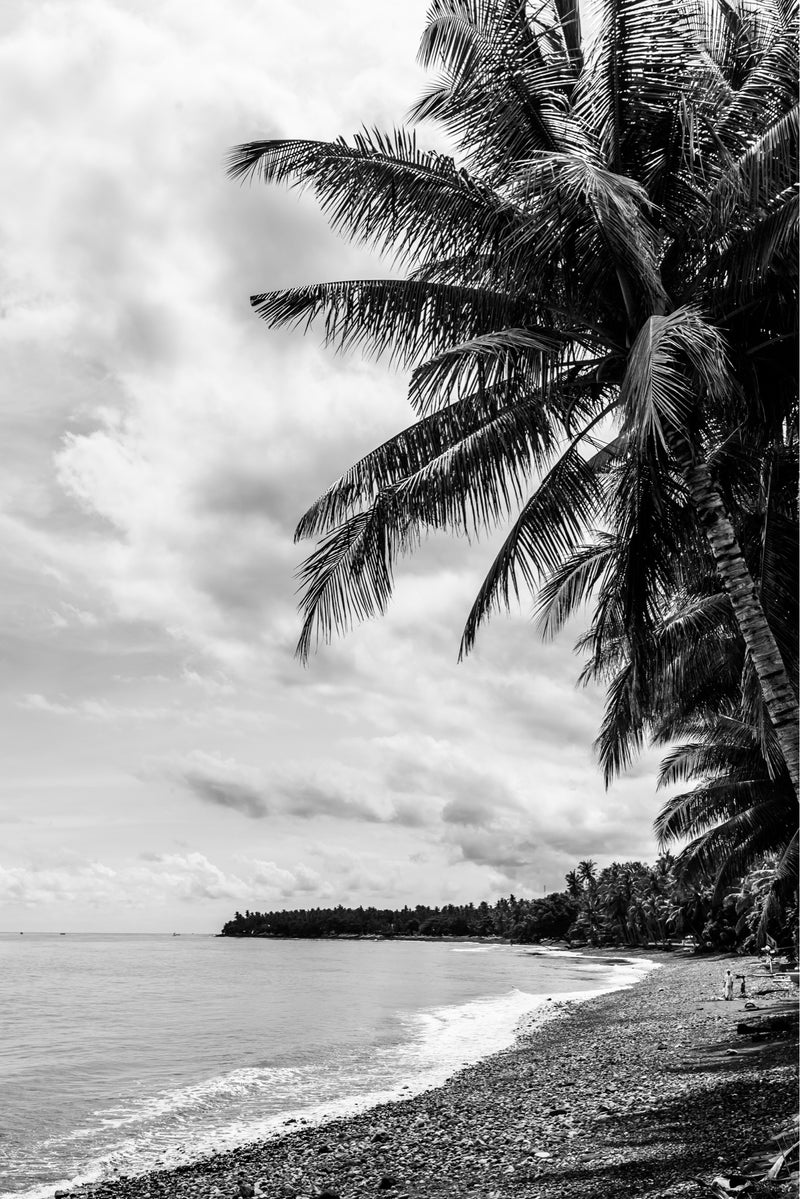 black and white photograph of an empty beach in north bali