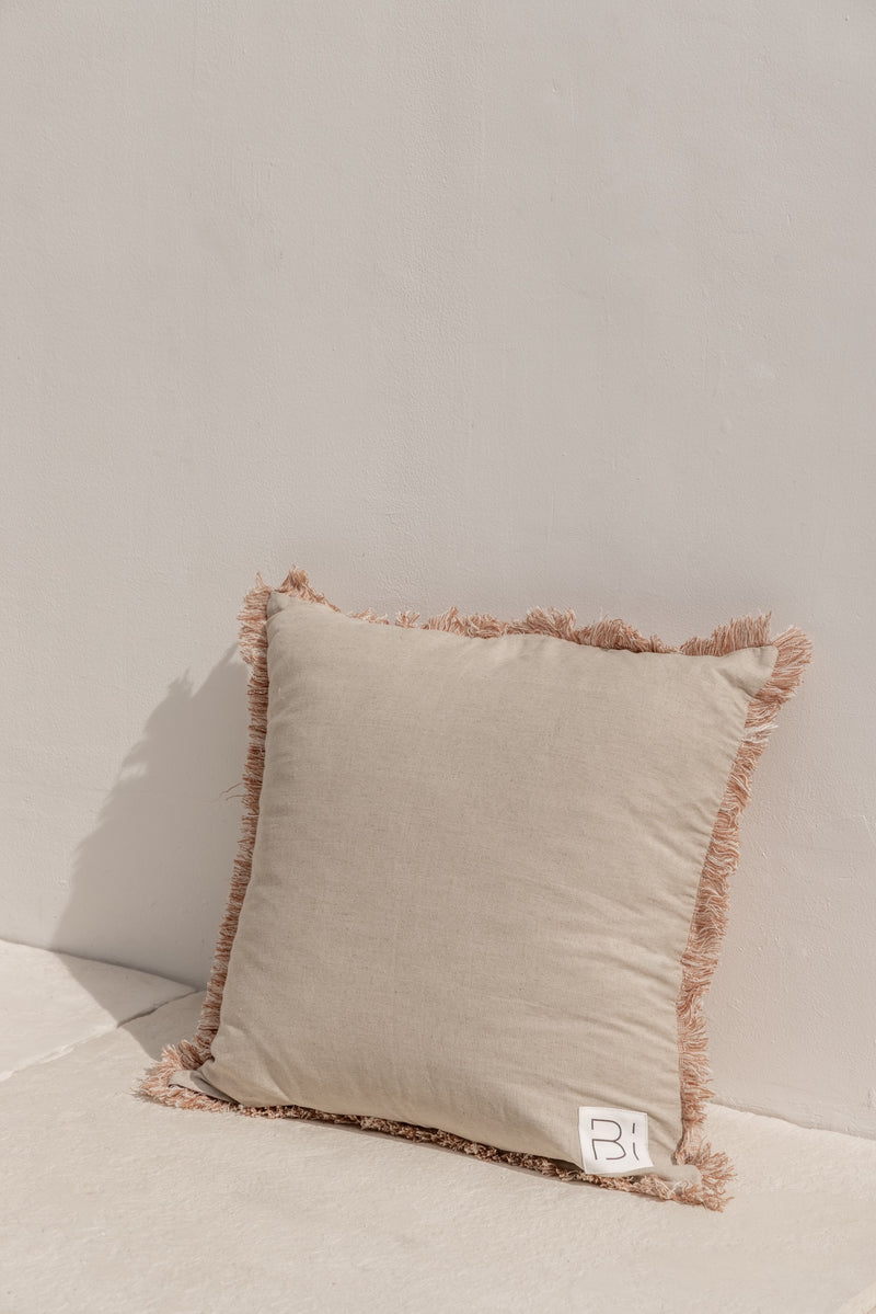 back view of linen fabric, desa dua cushion cover with fringes