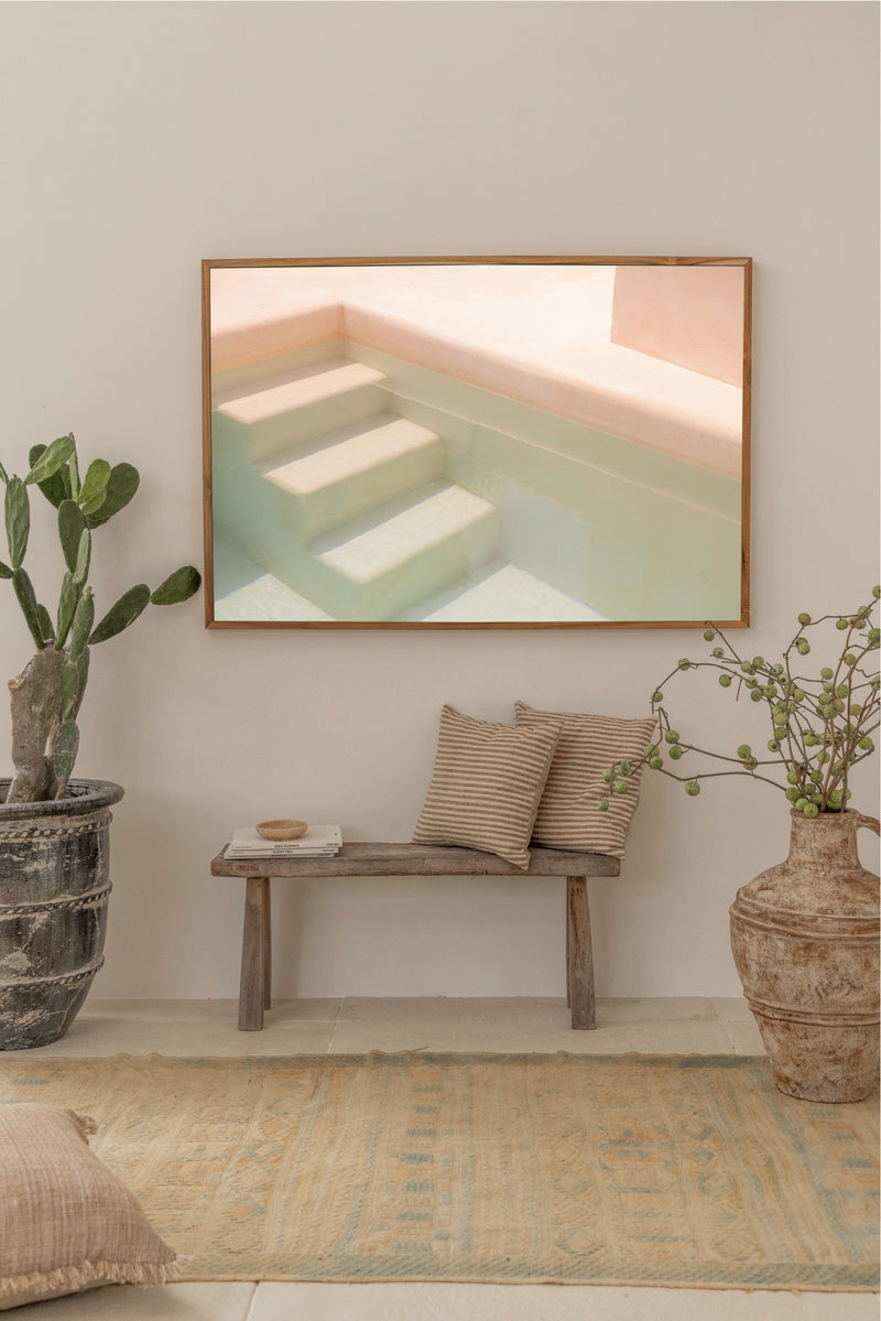 pink coloured bali poster of minimalistic pool stairs in a private bali villa