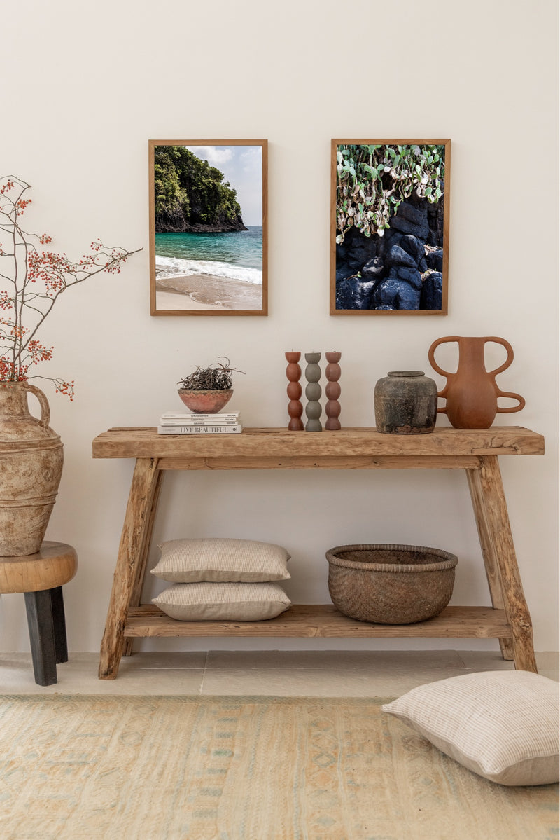 wall art with bali posters, ocean, nature and lava rocks