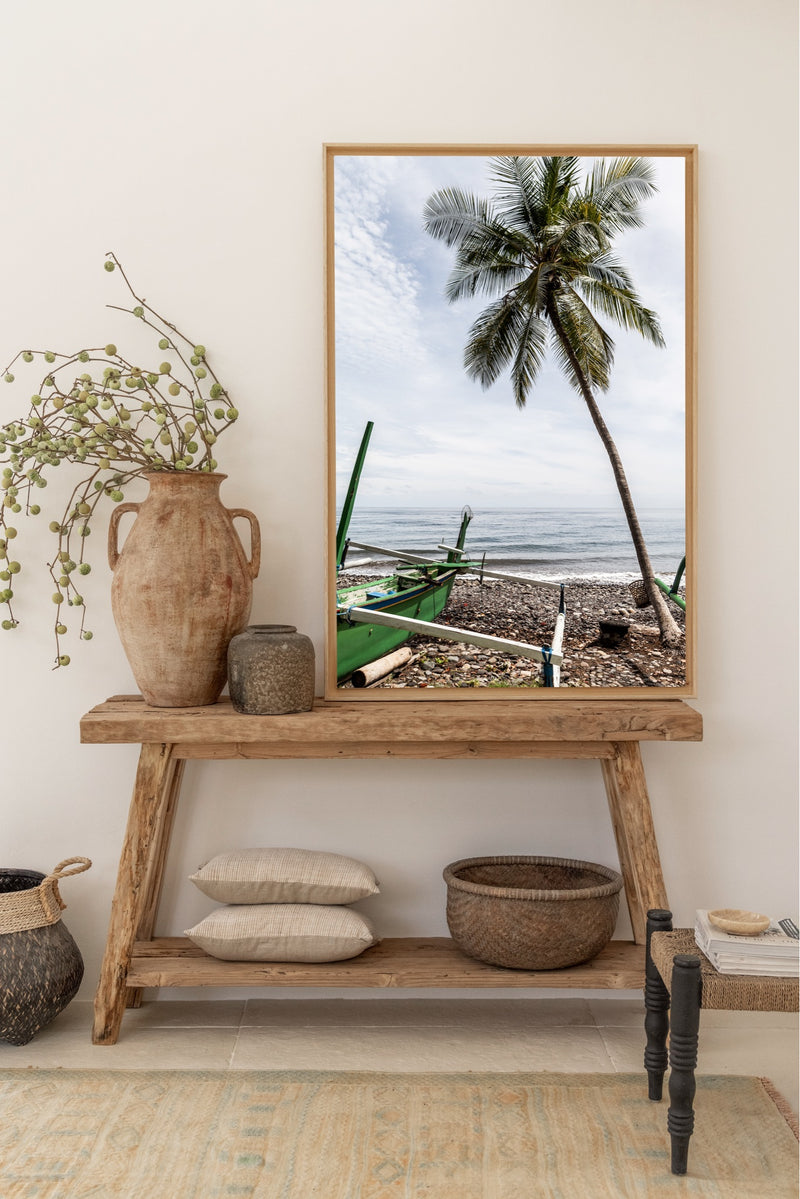 bali poster from tejakula beach with palm tree and fishing boat