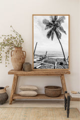 wall decor beach photograph from tejakula beach with fishing boat and palm tree
