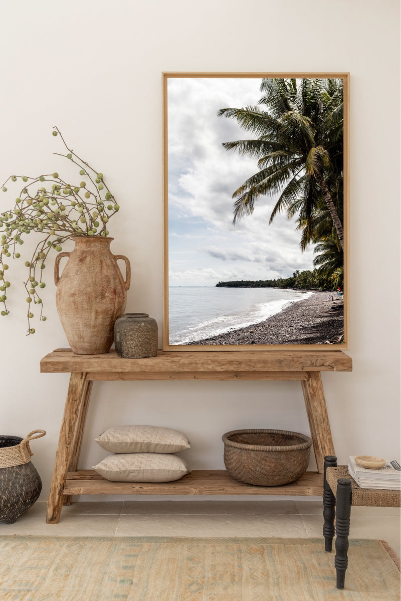 A Bali poster of an empty beach on the north coast of Bali island with palm trees