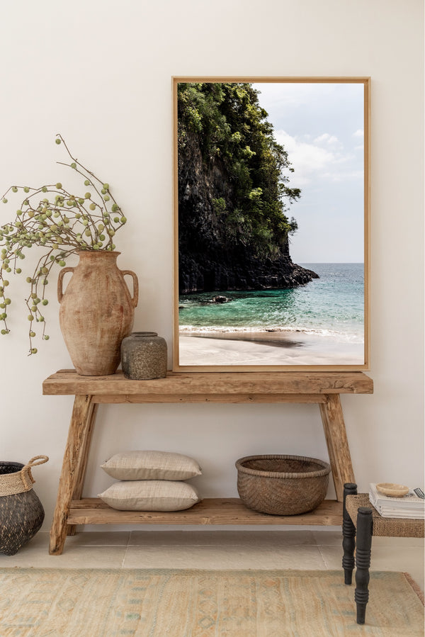 virgin beach bali poster with rocks and ocean